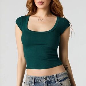 Wild Fable Fitted Green Crop Top with Cap Sleeves